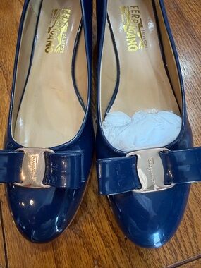 Salvatore Ferragamo Navy Patent Vara Bow Flats with Gold Accent